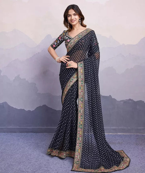 Georgette With Digital Print &Embroidery Work Sari With Blouse