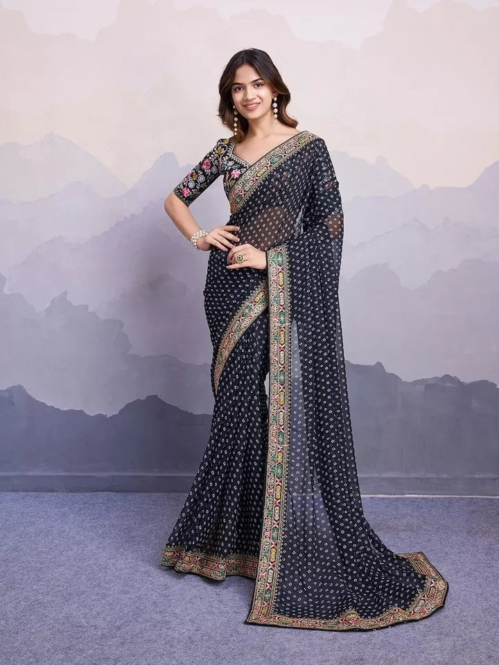 Georgette With Digital Print &Embroidery Work Sari With Blouse