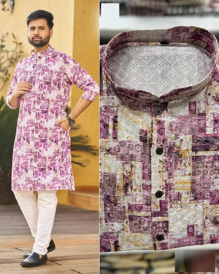 Men's FullStitched Heavy Rayon Schiffli Work Bollywood Kurta Pajama