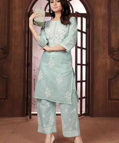 Heavy Cotton With Chikankari Embroidery Work Kurti Pant