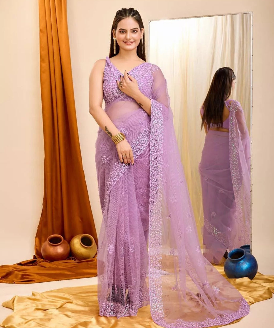 Soft Net  3MM Sequence Embroidery Work Saree & Blouse