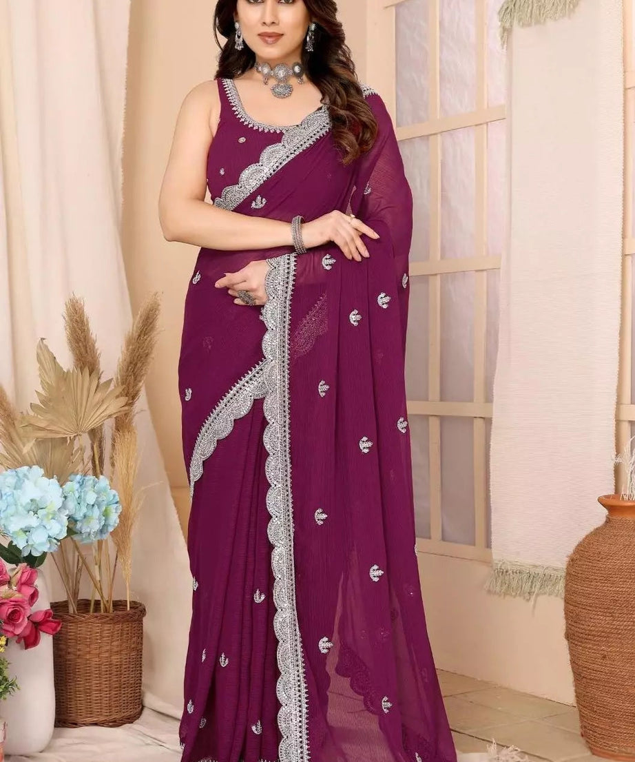 Traditional Party Zomato Chiffon Silk Saree, Wedding Bollywood Sari & Blouse
