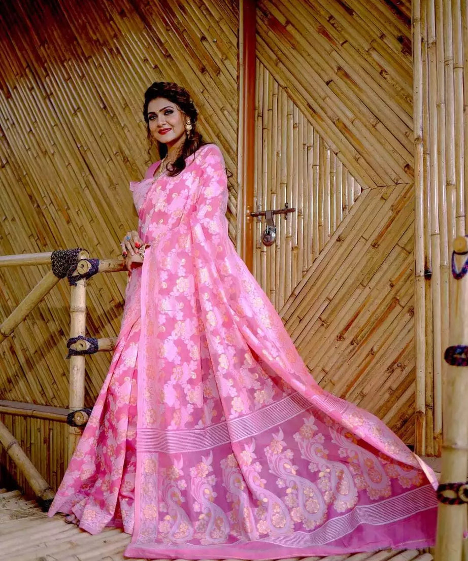 Soft Cotton Jamdani With Gold Zari Weaving Work  Sari & Blouse