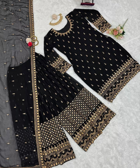 Faux Georgette With Thread & 9MM Sequence Work Top Palazzo & Duppata