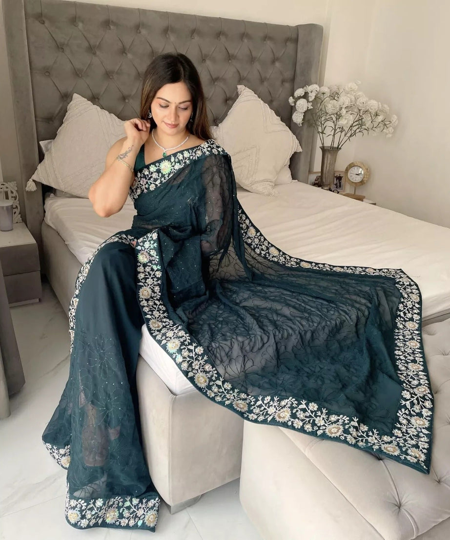 Georgette With Designer Floral Embroidery Work Sari & Blouse