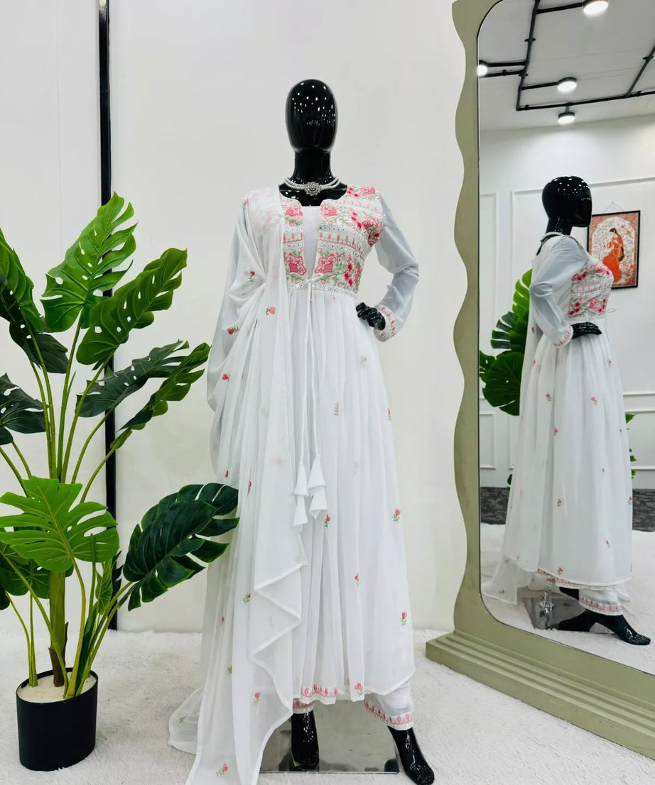 Faux Georgette Bollywood Full Stitched Kurti Shrug & Pant Dupatta