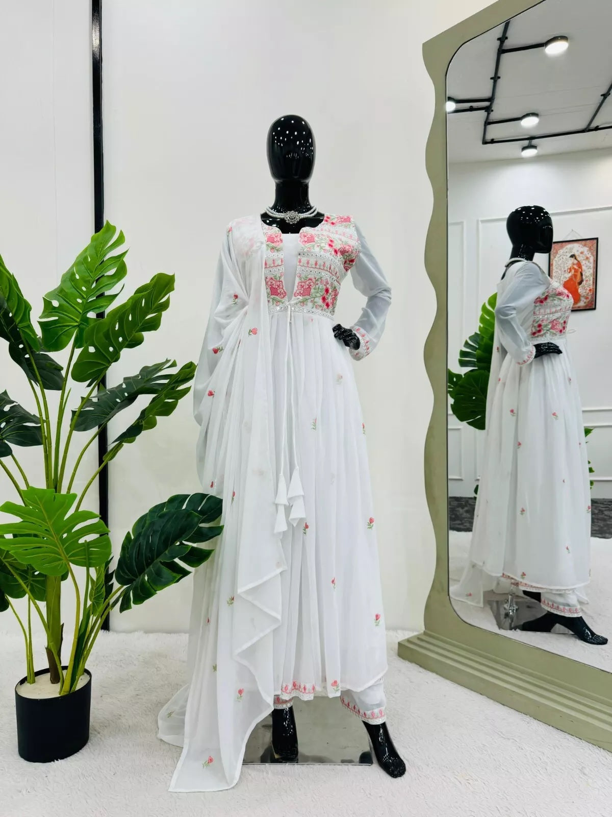 Faux Georgette Bollywood Full Stitched Kurti Shrug & Pant Dupatta