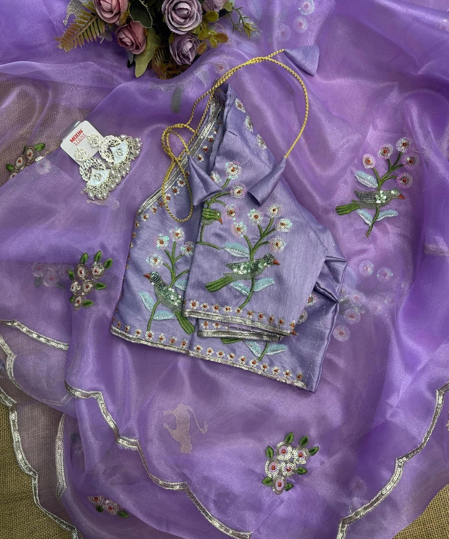 Soft Organza Saree With Embroidery Sequence Work Sari With Blouse