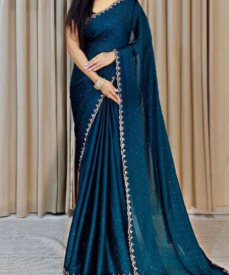 Traditional Wedding Pure Soft Satin Chiffon Saree,Stylish Sari And Blouse