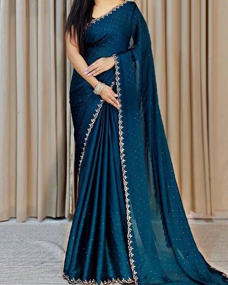 Traditional Wedding Pure Soft Satin Chiffon Saree,Stylish Sari And Blouse