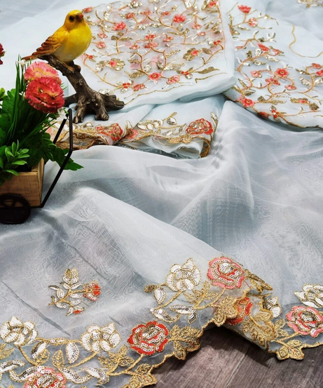 Organza Silk,Sequince & Zari Thread Designer Party Wear Saree & Blouse 11-RV