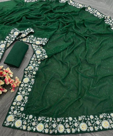 Women's  Beautiful Georgette Festival Wedding Wear Saree & Blouse 11-JR