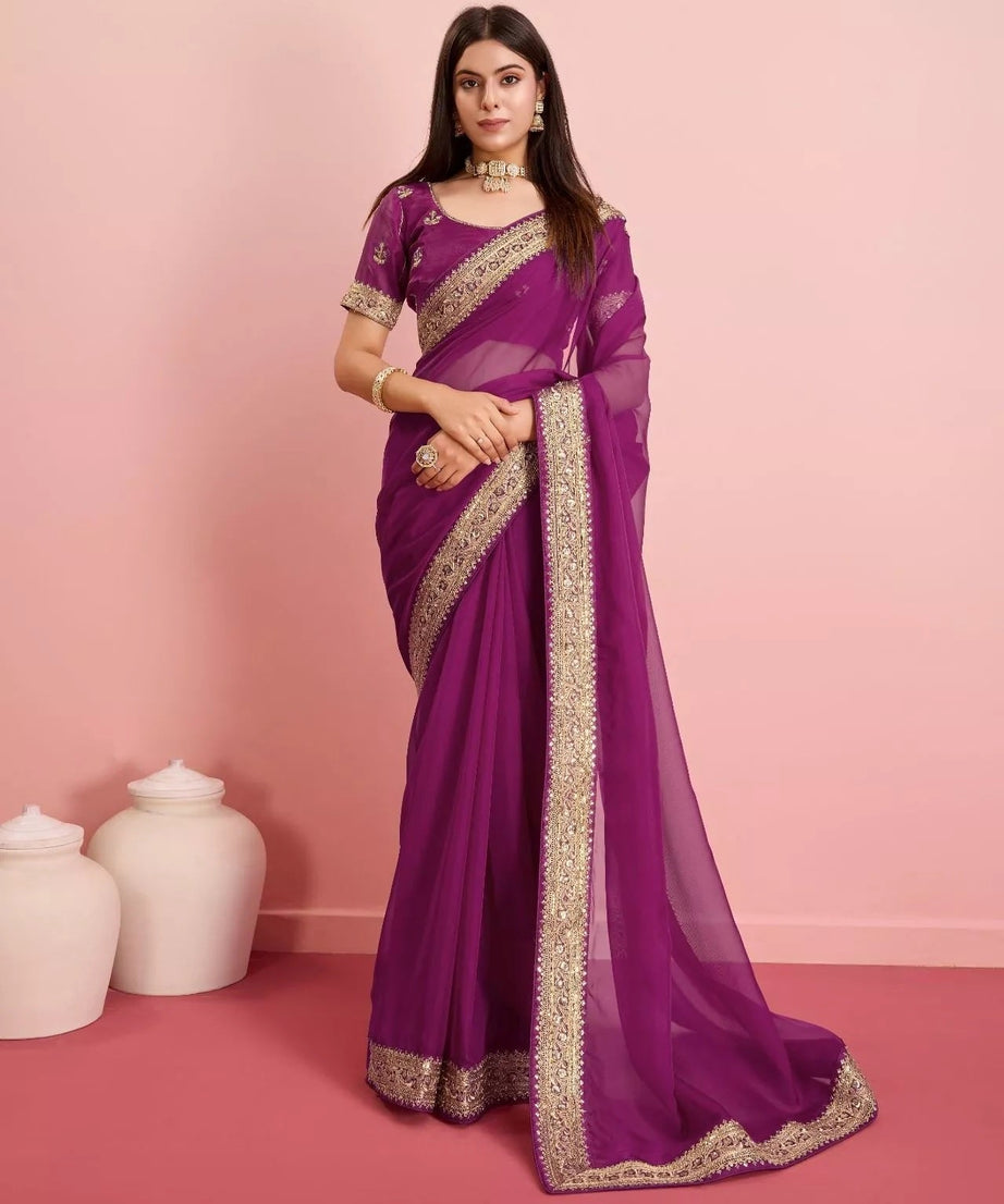 Tabby Silk Organza With Embroidery Lace Work Sari &  Blouse