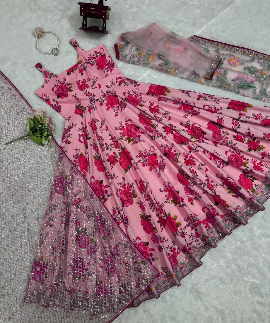 Butterfly Net With Thread & Sequence Work Bollywood Style Top Lehenga & Dupatta