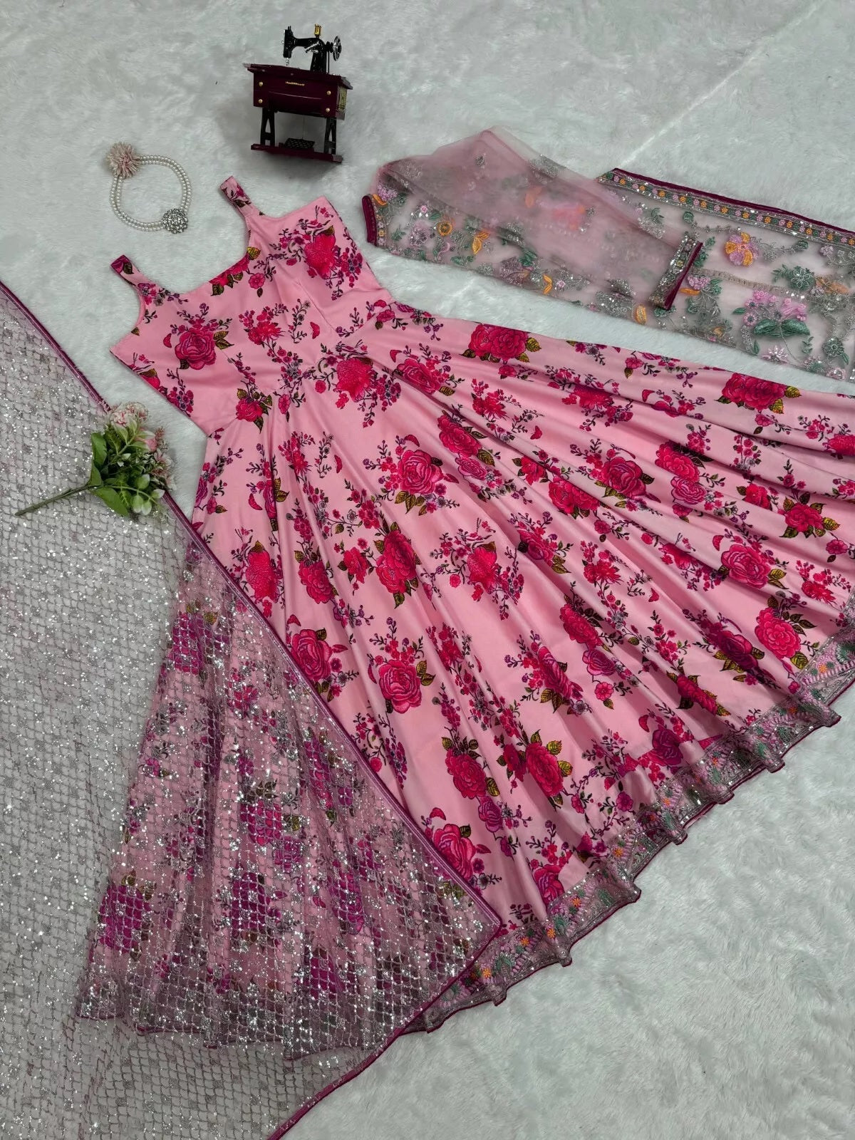 Butterfly Net With Thread & Sequence Work Bollywood Style Top Lehenga & Dupatta