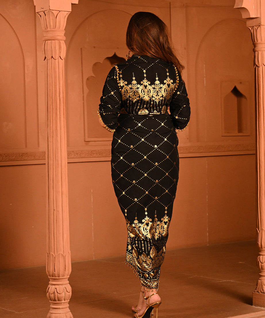 Elegant Designer Party Outfit with Gold Embroidery Kaftan Dress For Women
