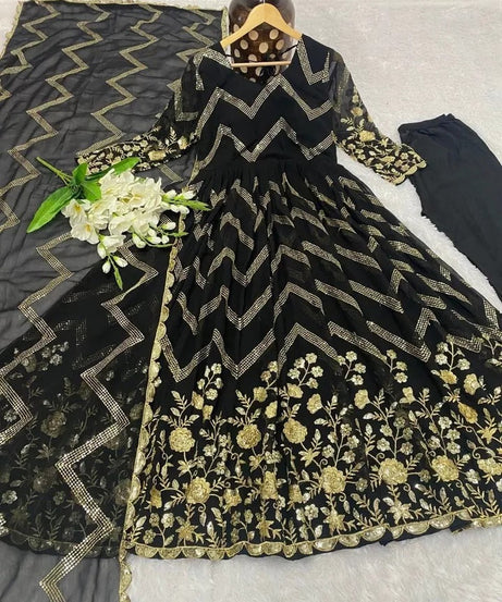 Fox Georgette With Embroidery Work With Full Sleeve Gown Bottom Dupatta Set