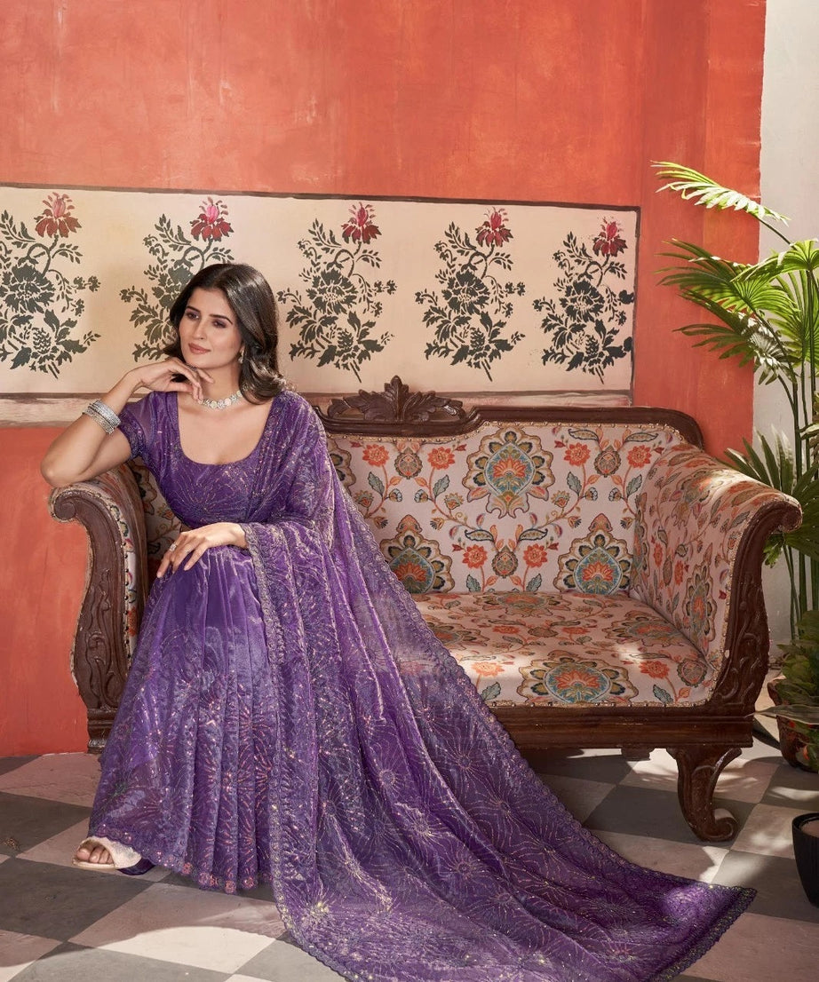 Printed Beautiful Traditional Wear Twill Net Saree With Blouse