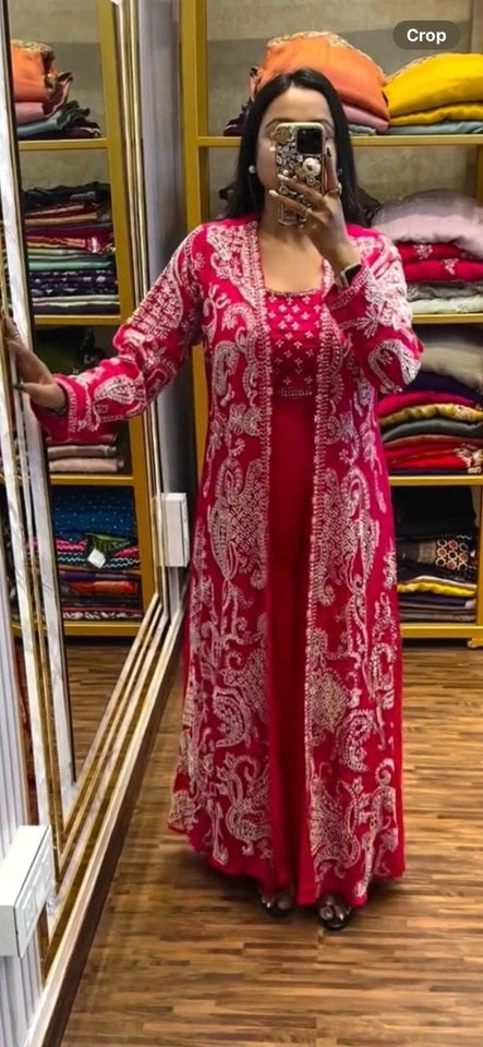 Faux Georgette With Designer  Embroidery Work Shrug - Palazzo & Blouse