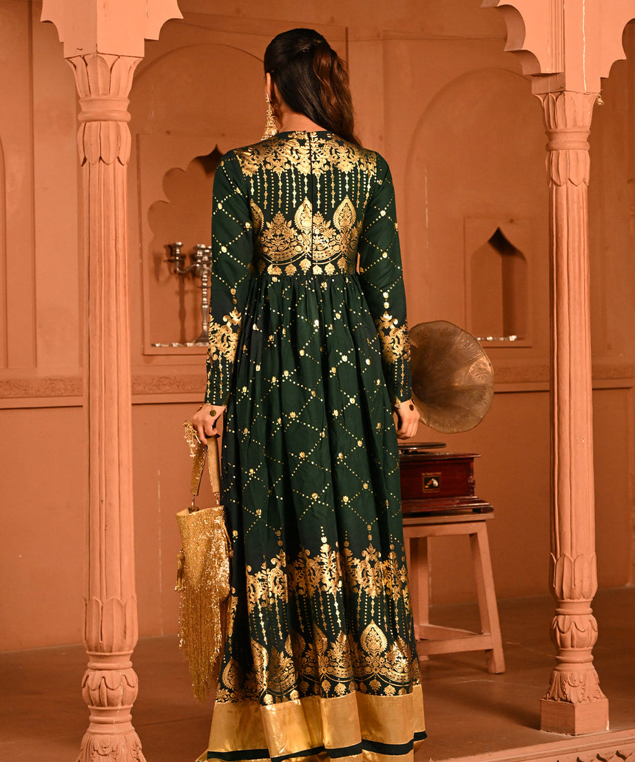 Luxury Emerald Green Gold Embroidered Anarkali Dress For Women(3XL)