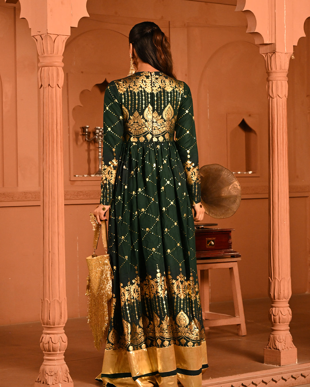 Luxury Emerald Green Gold Embroidered Anarkali Dress For Women(3XL)