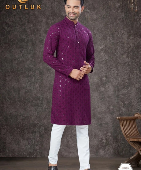 Traditional Wear Rayon Sifly Lakhnawi Kurta Pajama Set For Men's