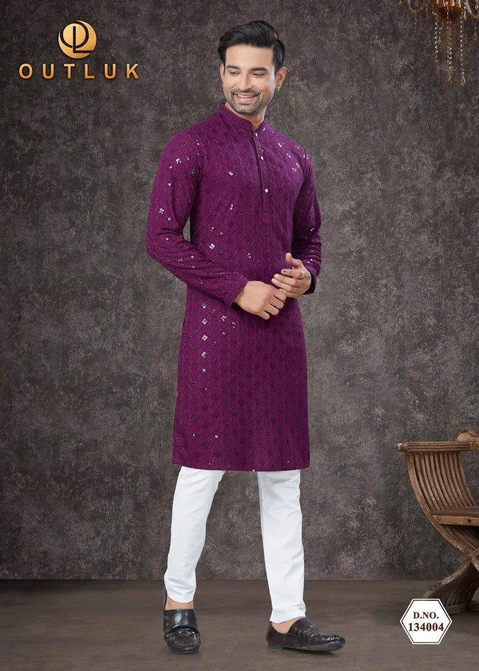 Traditional Wear Rayon Sifly Lakhnawi Kurta Pajama Set For Men's