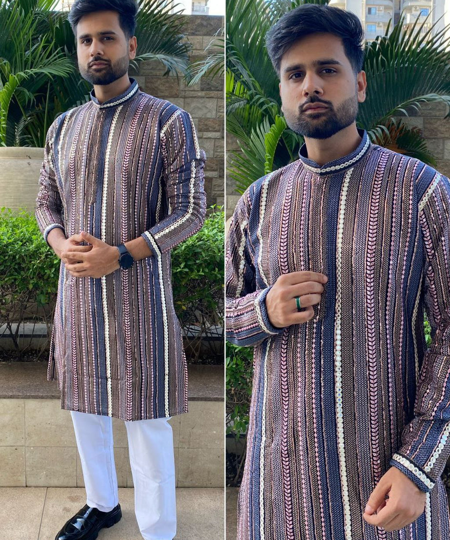 Men\s Heavy Georgette With Heavy Embroidery Work Kurta Pajama Set