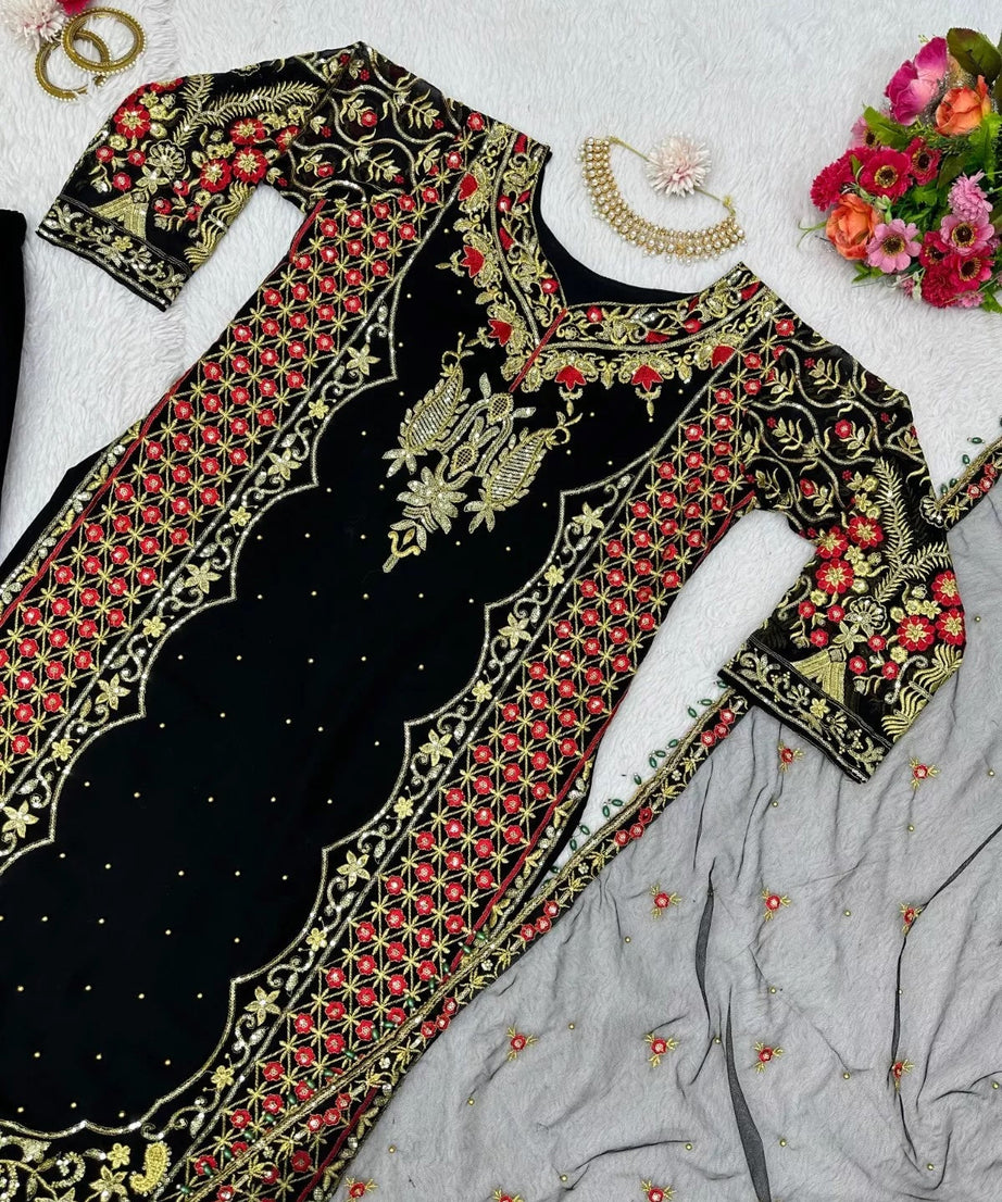 Faux Georgette Indian Ethnic Top Pant & Dupatta Set