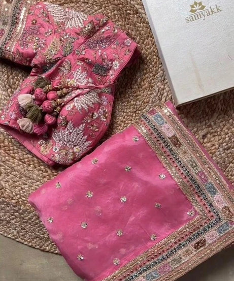 Pink Heavy Soft Tissue Organza Silk Saree, Wedding Wear Sari With Blouse