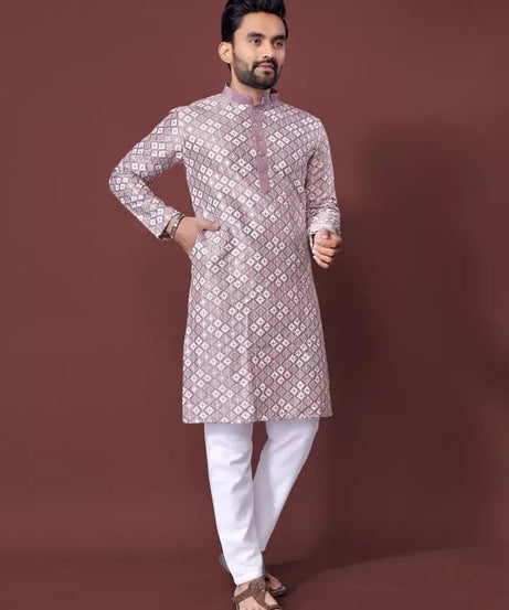 Soft Silk With White Embroidery Thread Work Kurta Pajama Set For Men's