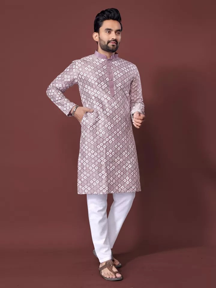 Soft Silk With White Embroidery Thread Work Kurta Pajama Set For Men's