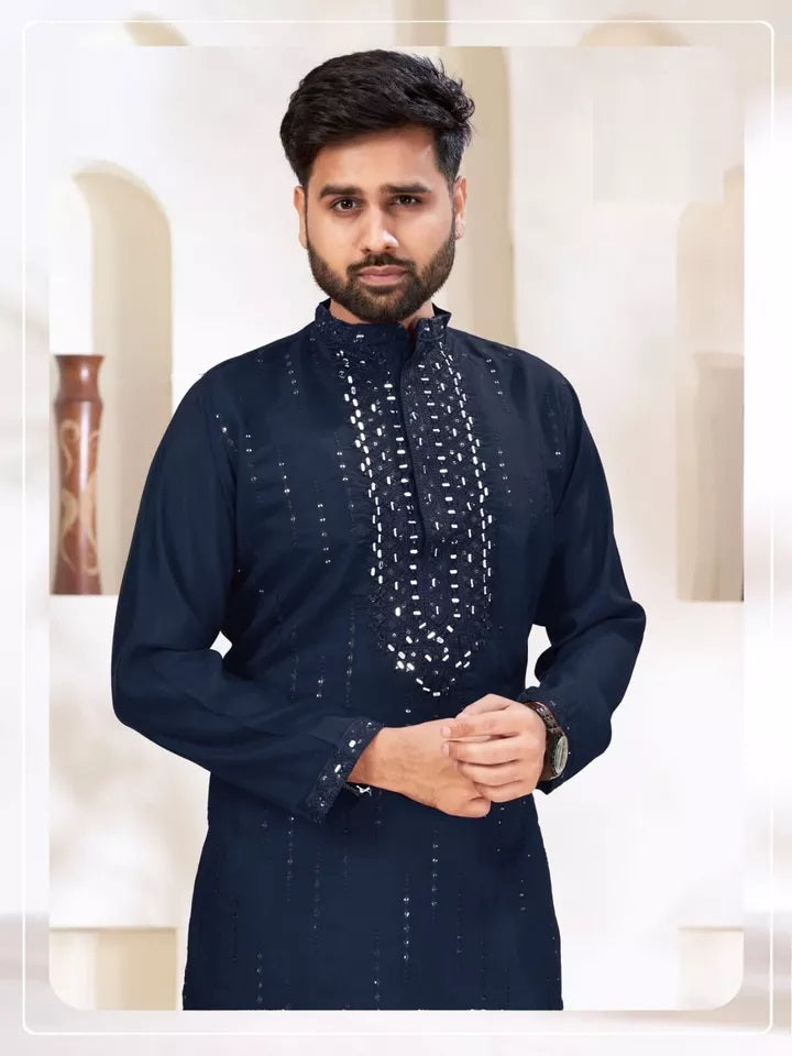Classic Beautiful Exclusive Stitched 14 Kg Roman Silk Kurta Pajama For Mens