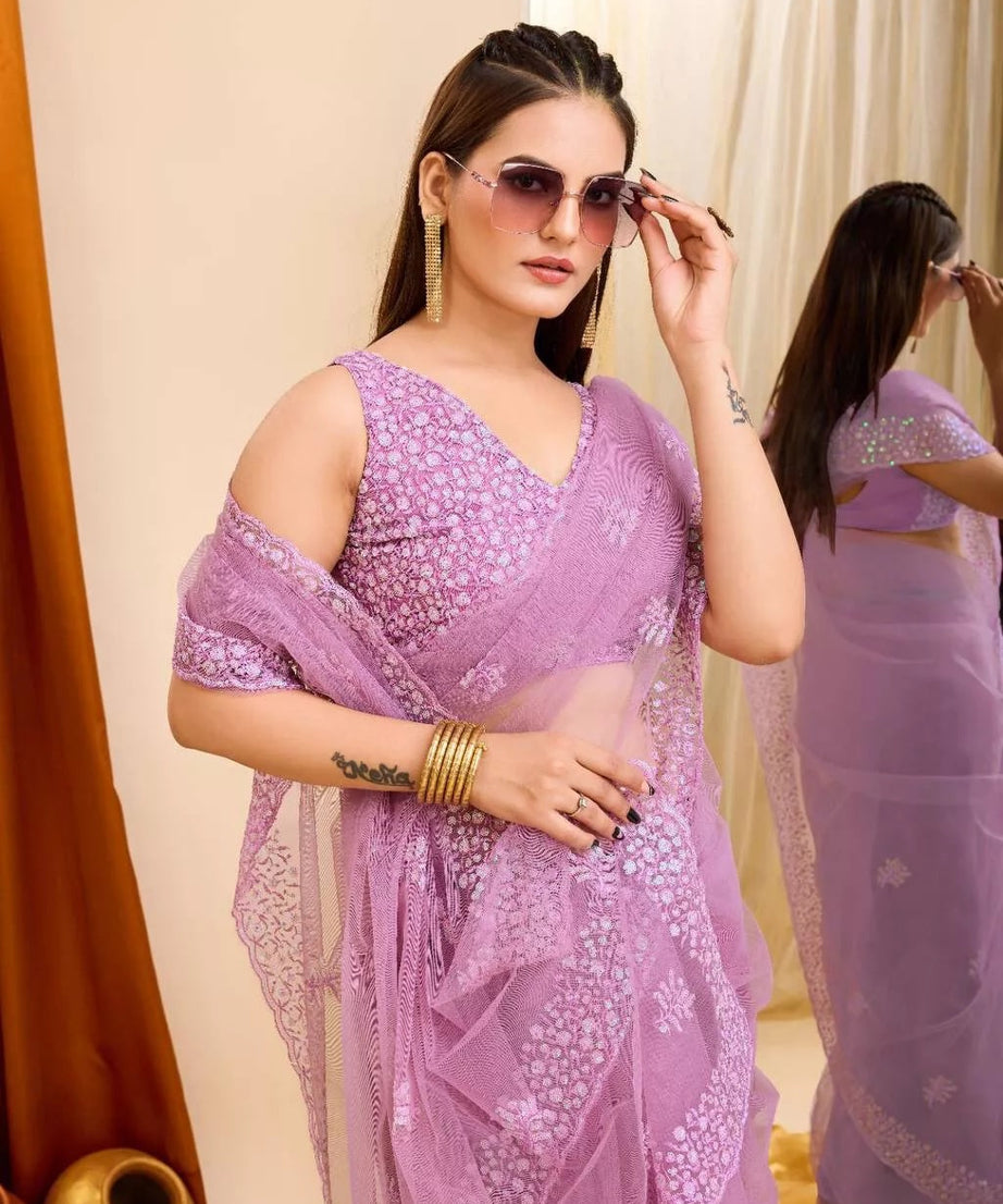 Soft Net  3MM Sequence Embroidery Work Saree & Blouse