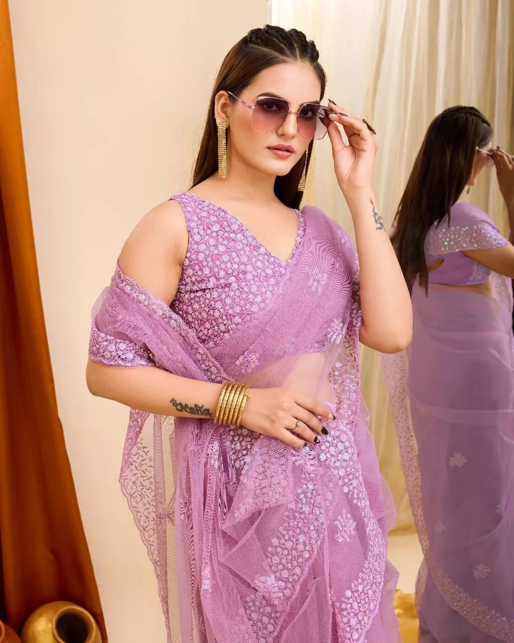 Soft Net  3MM Sequence Embroidery Work Saree & Blouse