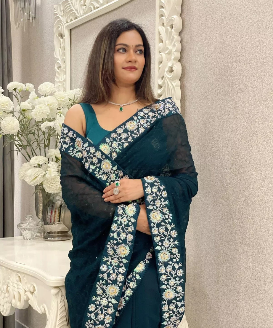 Party Wear Faux Georgette Saree, Indian Wedding Sari With Blouse