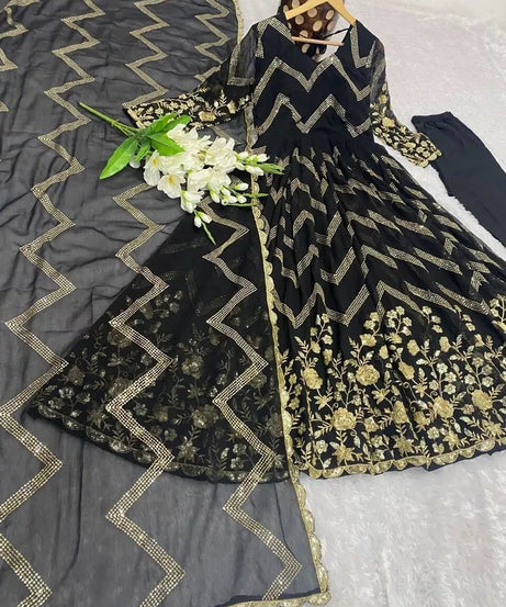 Fox Georgette With Embroidery Work With Full Sleeve Gown Bottom Dupatta Set