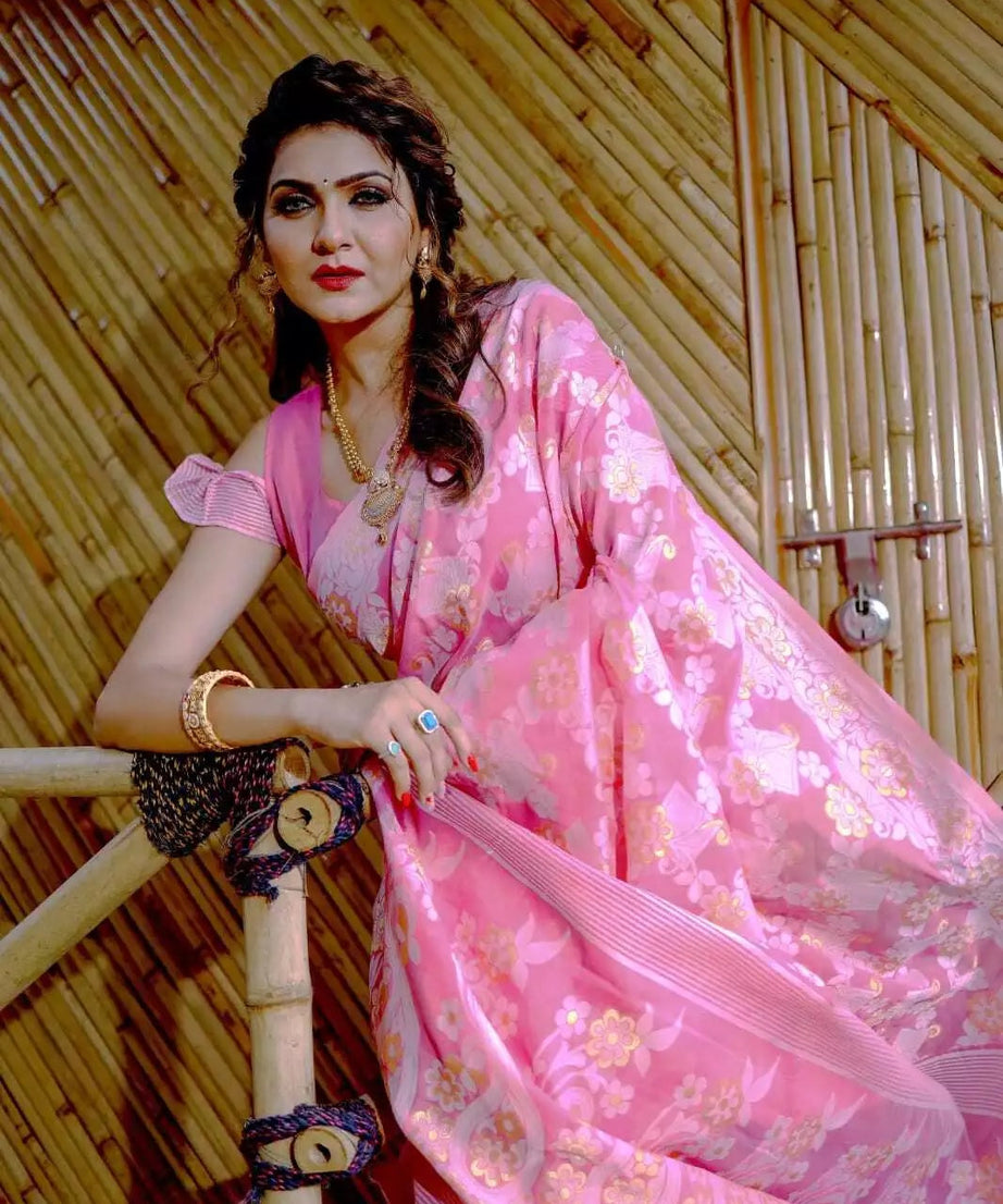 Soft Cotton Jamdani With Gold Zari Weaving Work  Sari & Blouse