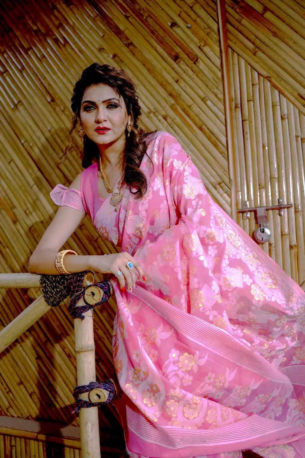 Soft Cotton Jamdani With Gold Zari Weaving Work  Sari & Blouse