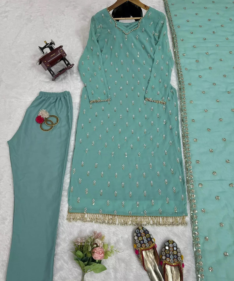 Traditional Fancy Wear Faux Georgette Top Pant With Dupatta