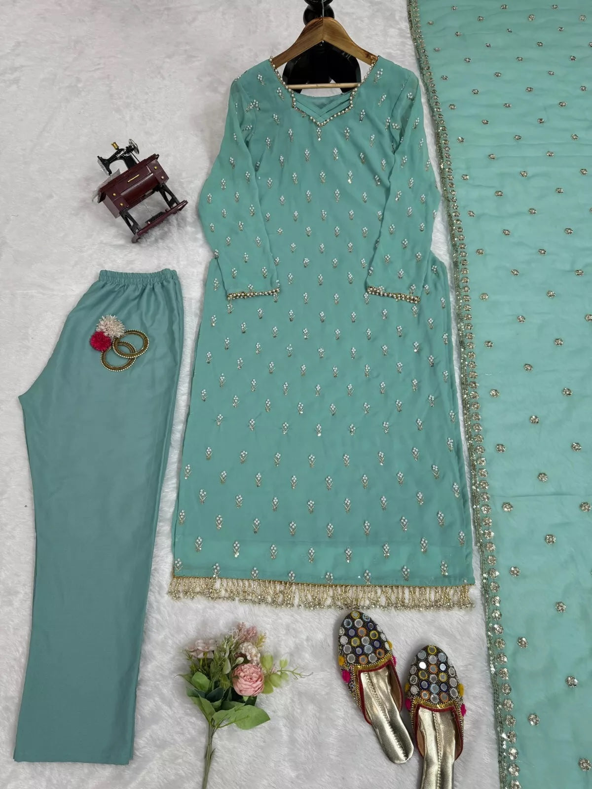 Traditional Fancy Wear Faux Georgette Top Pant With Dupatta