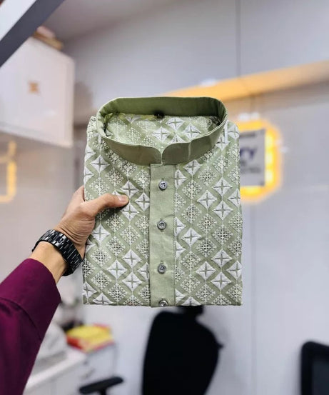 Soft Silk With White Embroidery Thread Work Kurta Pajama Set For Men's