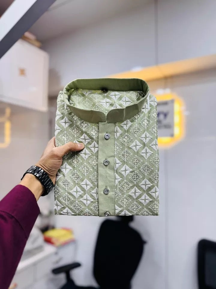 Soft Silk With White Embroidery Thread Work Kurta Pajama Set For Men's