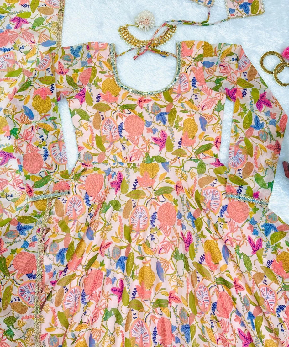 Georgette With Inner  Digital Print Mirror Work Anarkali Suit & Dupatta