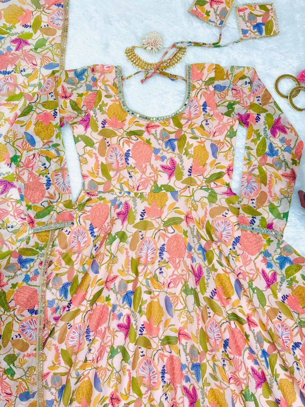 Georgette With Inner  Digital Print Mirror Work Anarkali Suit & Dupatta