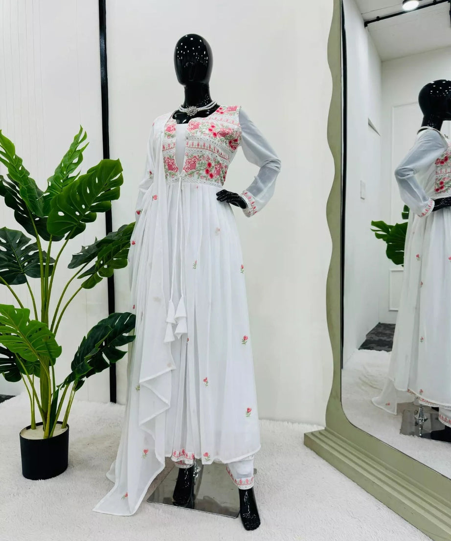 Faux Georgette Bollywood Full Stitched Kurti Shrug & Pant Dupatta