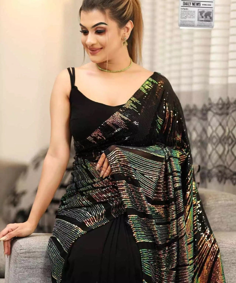 Georgette Embroidery Work Sequence Lace Work Saree,Party Wear Sari