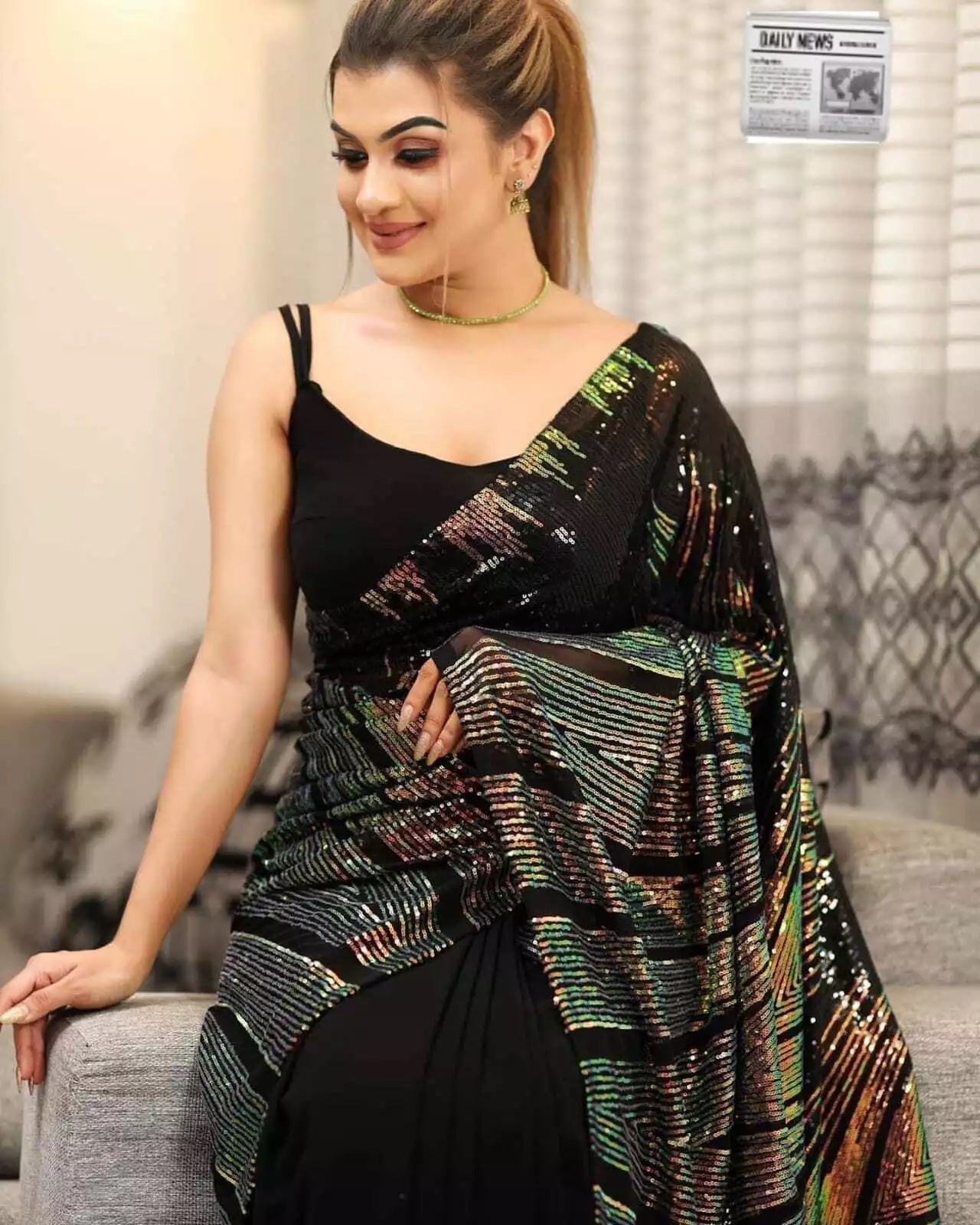 Georgette Embroidery Work Sequence Lace Work Saree,Party Wear Sari