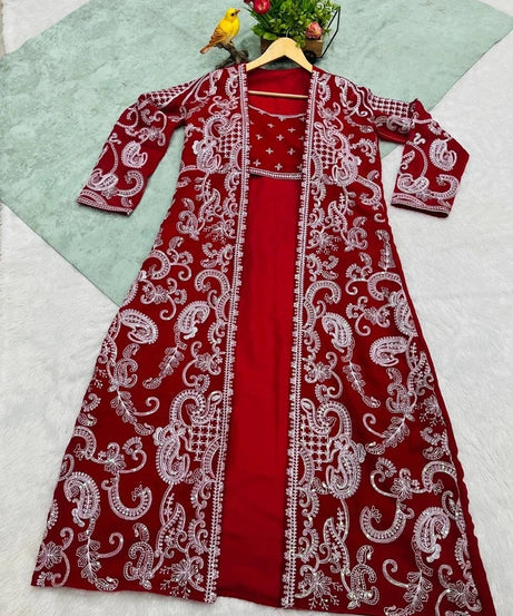 Faux Georgette With Designer  Embroidery Work Shrug - Palazzo & Blouse