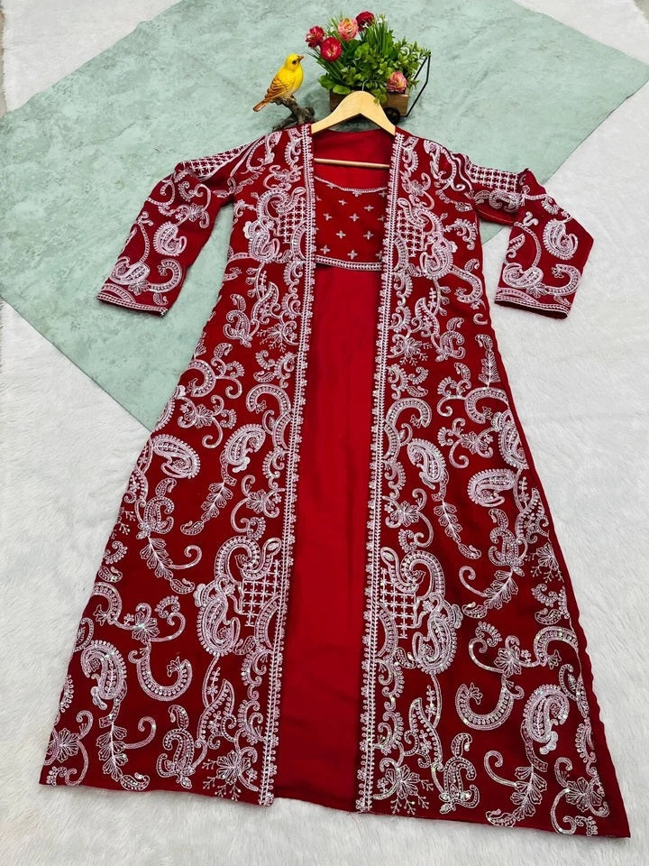 Faux Georgette With Designer  Embroidery Work Shrug - Palazzo & Blouse